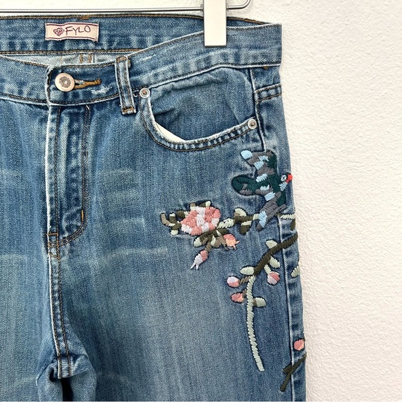 Embroidered Flare Jeans Denim Pant High Rise Floral Bird Festival Blue Size 6 - Picture 5 of 14